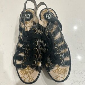 FLY London Black Patent Lace-Up Slingback Sandals